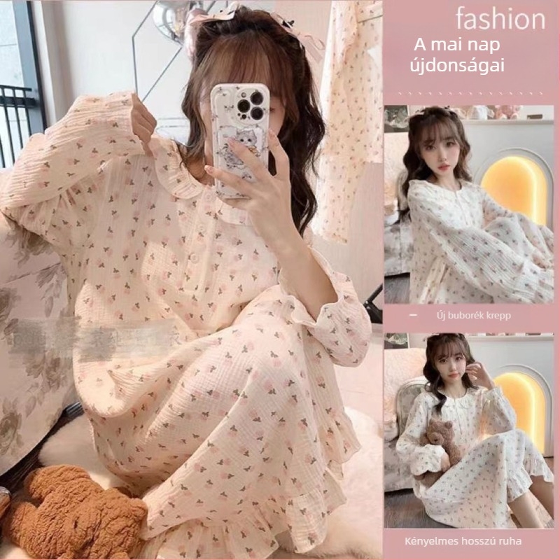 Hosszú hálóing virágmintával, japán stílusú soft-girl, kényelmes otthoni viselet