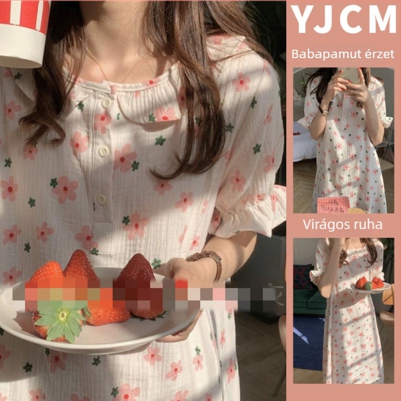 Hosszú hálóing virágmintával, japán stílusú soft-girl, kényelmes otthoni viselet