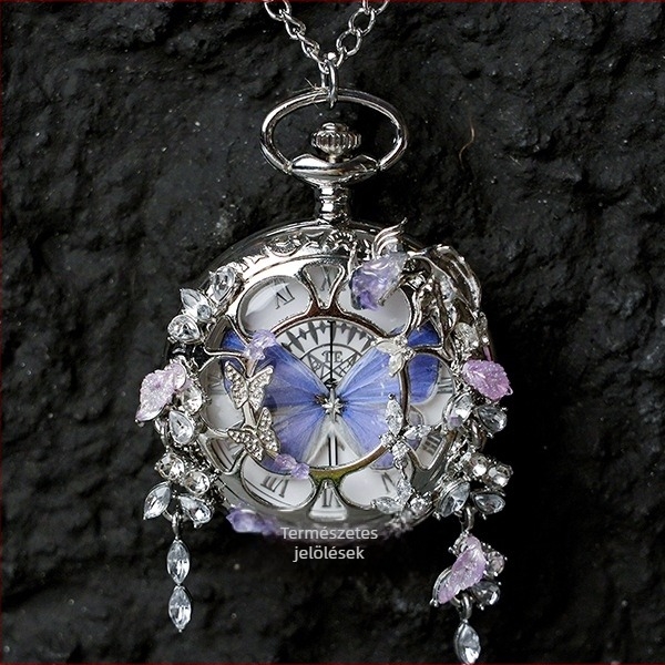 Mozgó, valódi pillangó-példányos zsebóra, ideális ajándék lányoknak és barátnőknek (Elektronikus működés; 35 m vízállóság; szilikon tokkal; kör alakú számlap; ABS üveg)