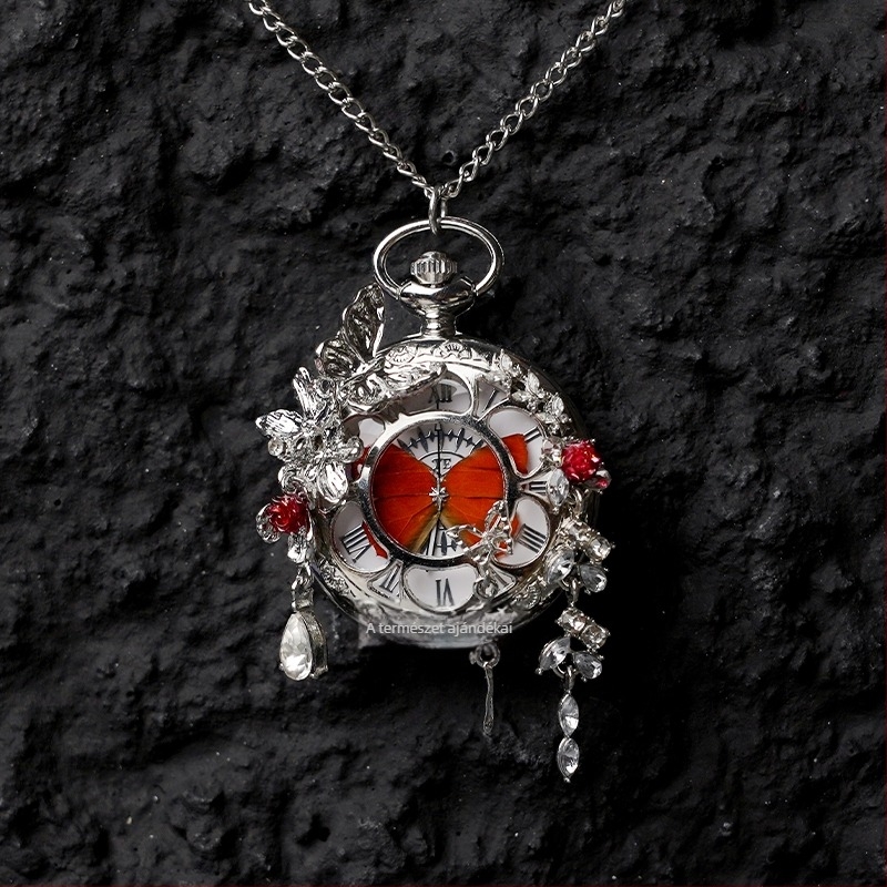 Mozgó, valódi pillangó-példányos zsebóra, ideális ajándék lányoknak és barátnőknek (Elektronikus működés; 35 m vízállóság; szilikon tokkal; kör alakú számlap; ABS üveg)