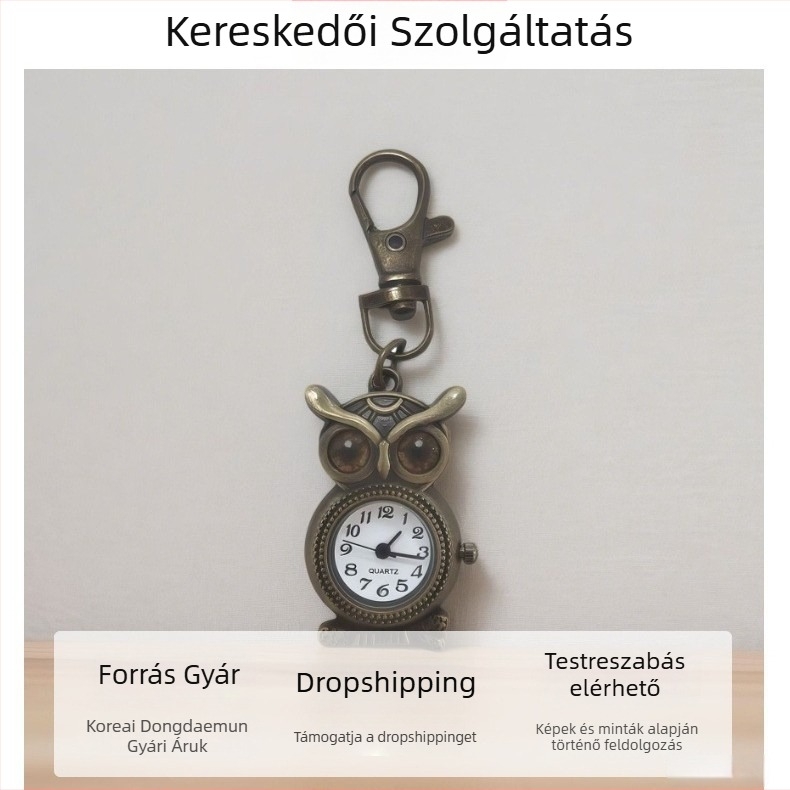 Bagoly motívumos retro zsebóra, dekoratív, kvarc Z618 mozgás, kör alakú számlap 15 mm, vastagság 8 mm, tokkal cinkötvözet, logó testreszabható
