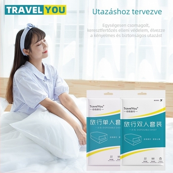 Utazási egyszer használatos ágyneműkészlet — 4 darab, nem szövött textil, tartalmaz lepedőt, paplanhuzatot és párnahuzatot