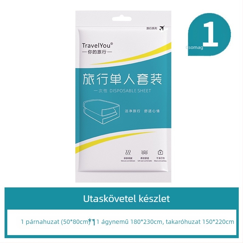 Utazási egyszer használatos ágyneműkészlet — 4 darab, nem szövött textil, tartalmaz lepedőt, paplanhuzatot és párnahuzatot