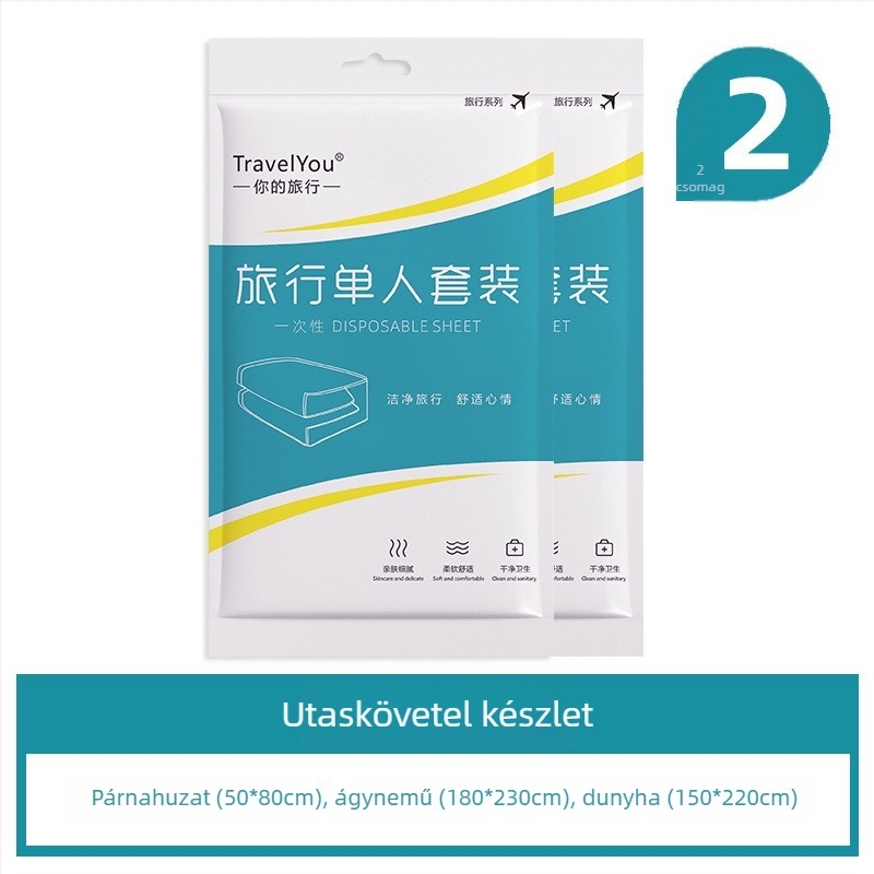 Utazási egyszer használatos ágyneműkészlet — 4 darab, nem szövött textil, tartalmaz lepedőt, paplanhuzatot és párnahuzatot