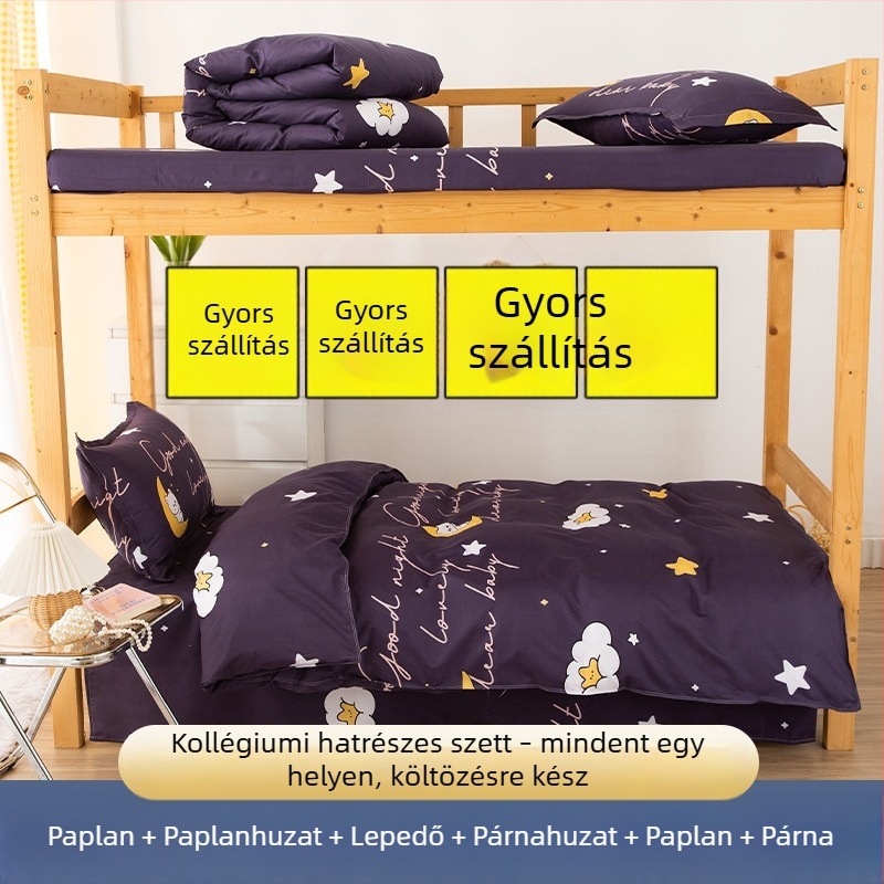 Négy darabos kollégiumi ágyneműkészlet: paplanhuzat, paplan, lepedő és párnahuzatok, szintetikus anyagból, rajzfilm motívum, egész éves használatra