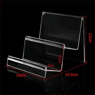 Pénztárca és táska kiállítóállvány, kétszintes, injekciós öntvény kivitel, gipsz burkolat, létra alakú