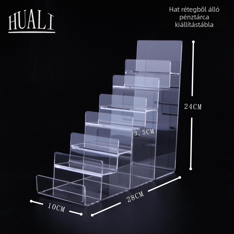 Pénztárca és táska kiállítóállvány, kétszintes, injekciós öntvény kivitel, gipsz burkolat, létra alakú