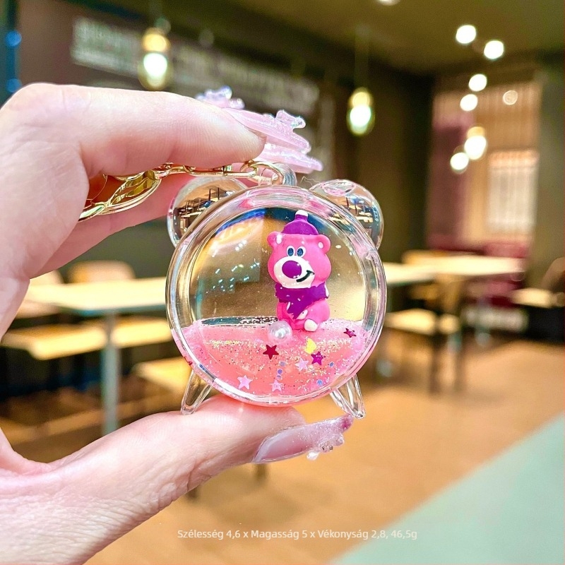 Akril kulcstartó, rajzfilmszerű dizájn, eper-medve motívum, quicksand effektus