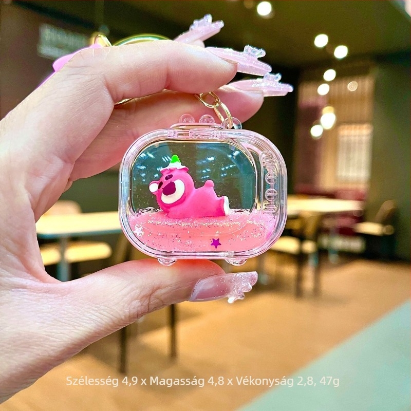 Akril kulcstartó, rajzfilmszerű dizájn, eper-medve motívum, quicksand effektus