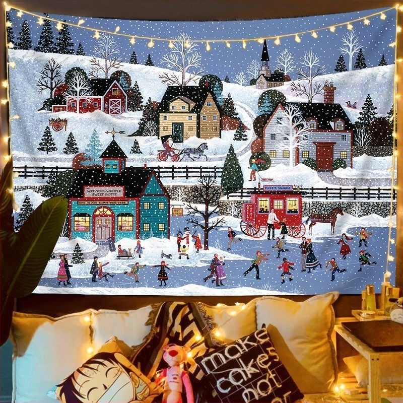 Fali gobelin – Nordic karácsonyi utcai jelenet, plüss anyag, digitális hőátvitel, gépi mosás, alkalmas hálószobába, dolgozószobába, kültéri helyiségekbe