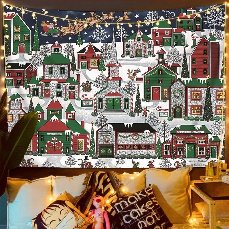 Fali gobelin – Nordic karácsonyi utcai jelenet, plüss anyag, digitális hőátvitel, gépi mosás, alkalmas hálószobába, dolgozószobába, kültéri helyiségekbe