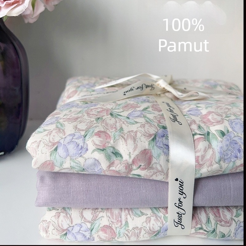 Pastorális stílusú négy darabos ágynemű szett 100% pamutból, twill szövet, reaktív nyomtatás, növényi virágos minta, 60 szál