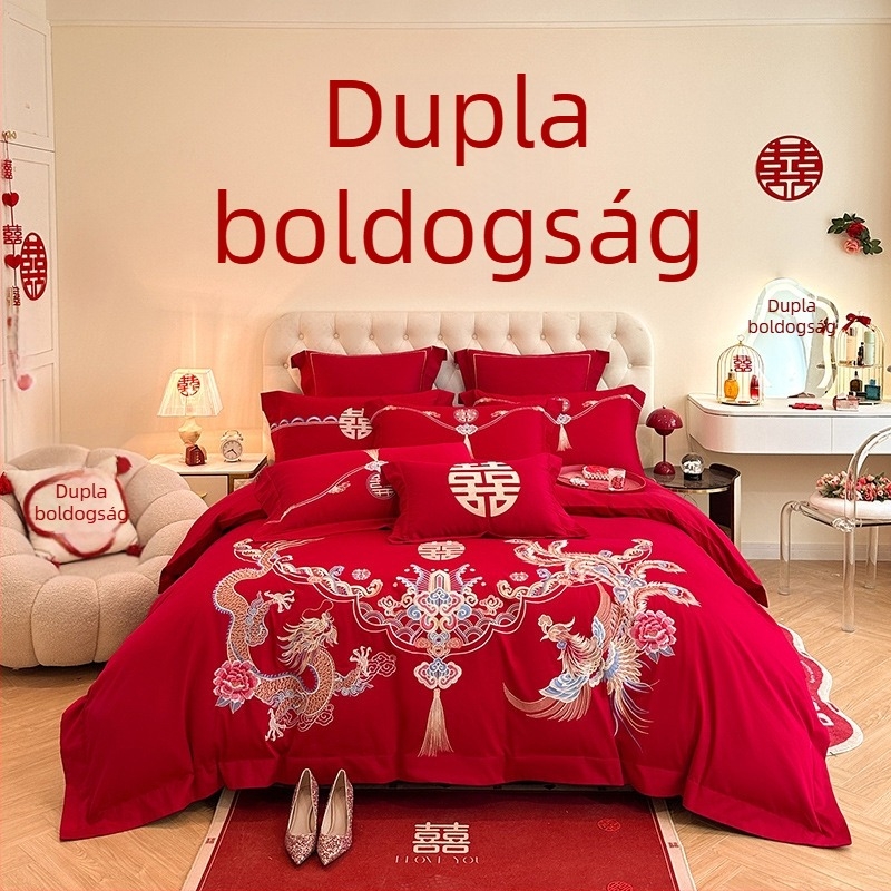 Kínai stílusú esküvői négyrészes ágyneműkészlet piros hímzéssel, paplanhuzattal és lepedőkkel fiatal házasok számára
