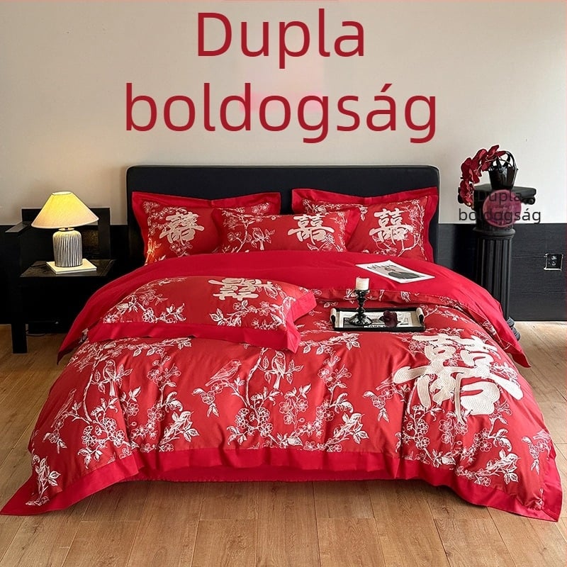 Kínai stílusú esküvői négyrészes ágyneműkészlet piros hímzéssel, paplanhuzattal és lepedőkkel fiatal házasok számára