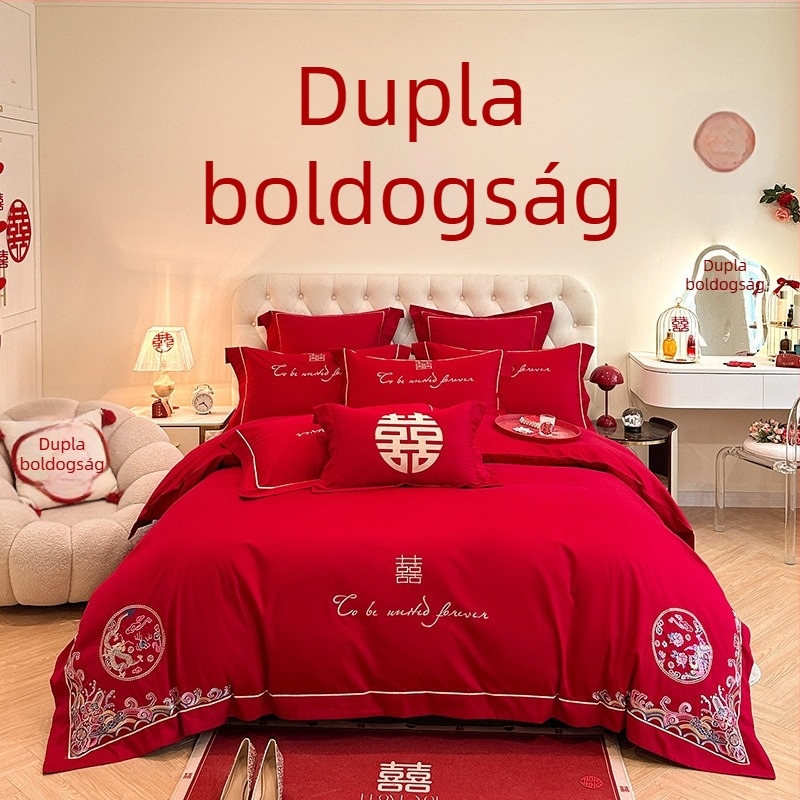 Kínai stílusú esküvői négyrészes ágyneműkészlet piros hímzéssel, paplanhuzattal és lepedőkkel fiatal házasok számára