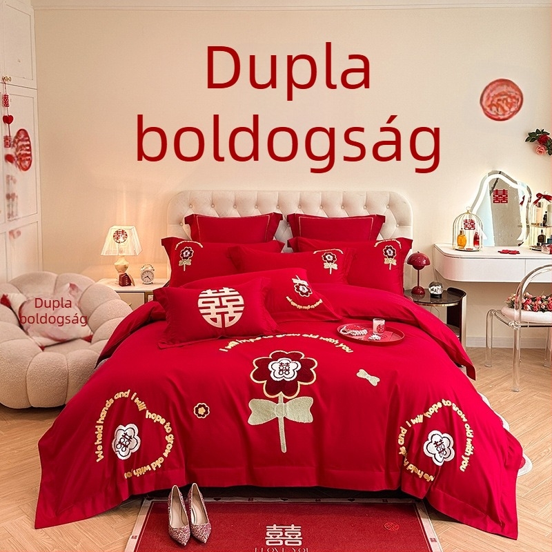 Kínai stílusú esküvői négyrészes ágyneműkészlet piros hímzéssel, paplanhuzattal és lepedőkkel fiatal házasok számára