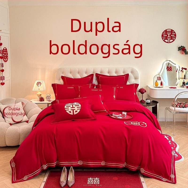 Kínai stílusú esküvői négyrészes ágyneműkészlet piros hímzéssel, paplanhuzattal és lepedőkkel fiatal házasok számára