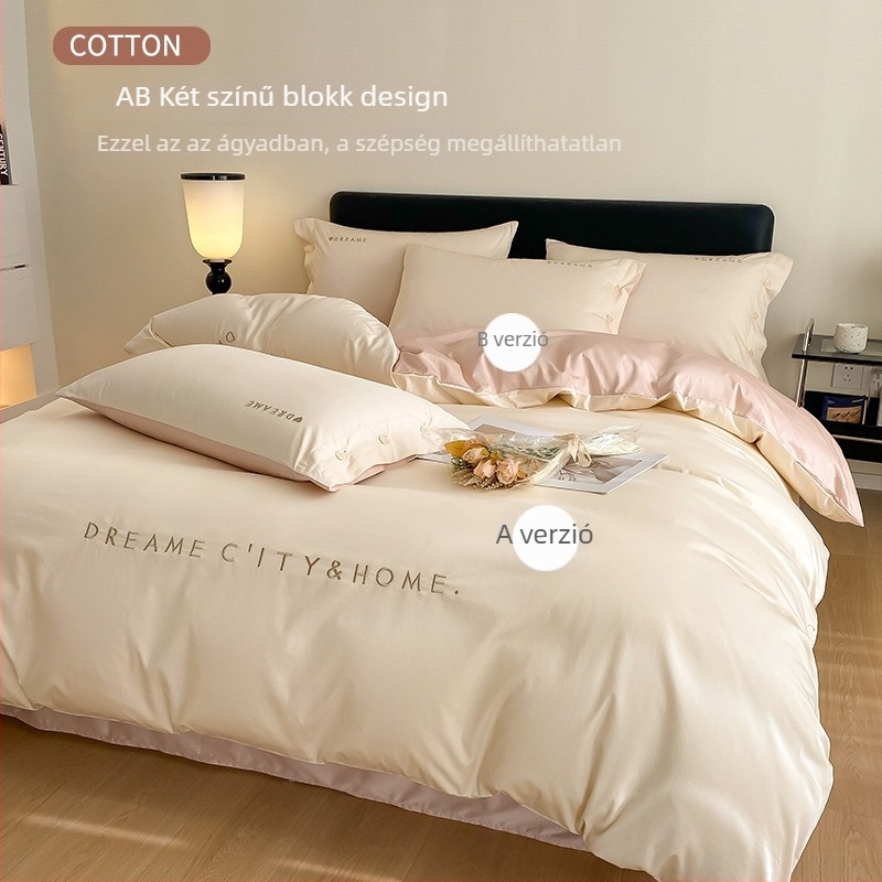 Könnyű luxus 120 szálas hosszú szálú pamut ágynemű készlet, négy darab, hímzett twill szövés, reaktív festés, súly 2000–2500 g