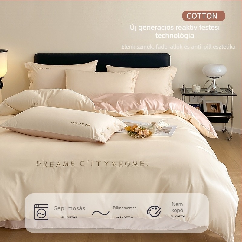 Könnyű luxus 120 szálas hosszú szálú pamut ágynemű készlet, négy darab, hímzett twill szövés, reaktív festés, súly 2000–2500 g