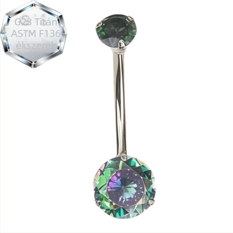 Kétszárnyú köldök piercing gyűrű – titánötvözet, 5A zirkón, geometriai forma, gyémántos megmunkálás, belső spirál