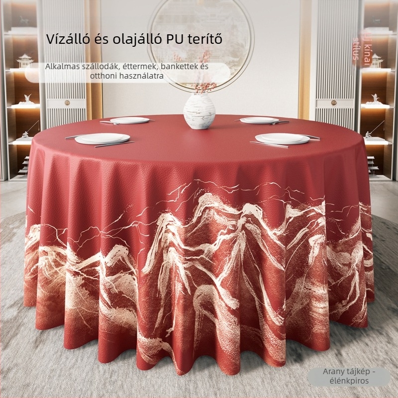 Kerek asztalterítő modern kínai stílusban, vízálló és olajálló, nem kell mosni, luxus megjelenés szállodák és éttermek számára