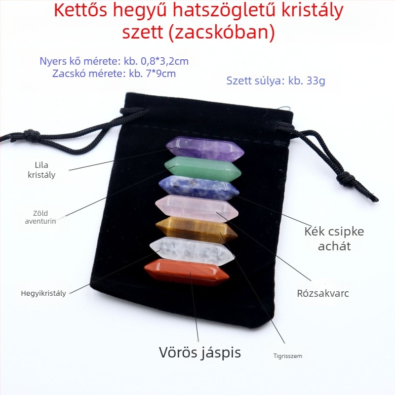 Természetes, többszínű kristályok hexagonális oszlopban, szív alakú kövekkel - ásványminta ajándékkészlet