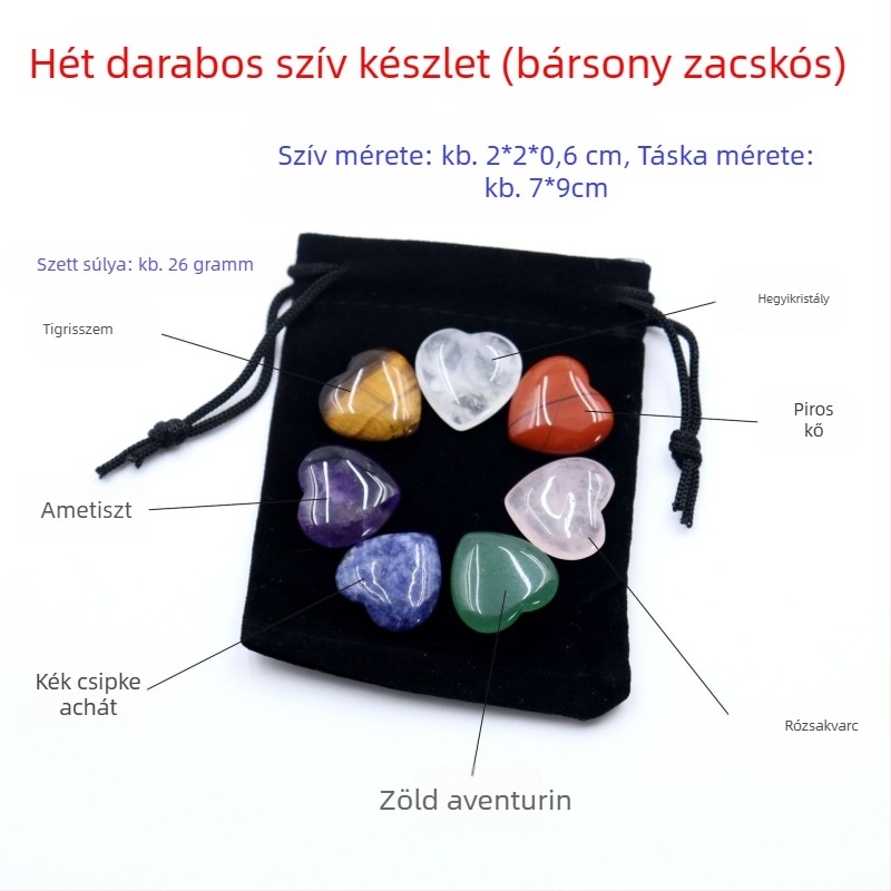 Természetes, többszínű kristályok hexagonális oszlopban, szív alakú kövekkel - ásványminta ajándékkészlet