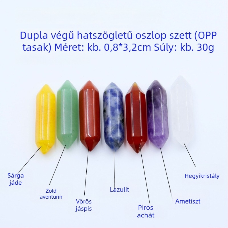 Természetes, többszínű kristályok hexagonális oszlopban, szív alakú kövekkel - ásványminta ajándékkészlet