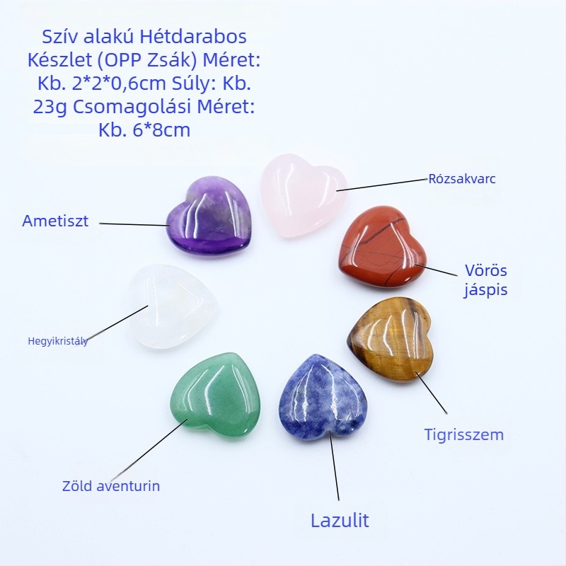 Természetes, többszínű kristályok hexagonális oszlopban, szív alakú kövekkel - ásványminta ajándékkészlet