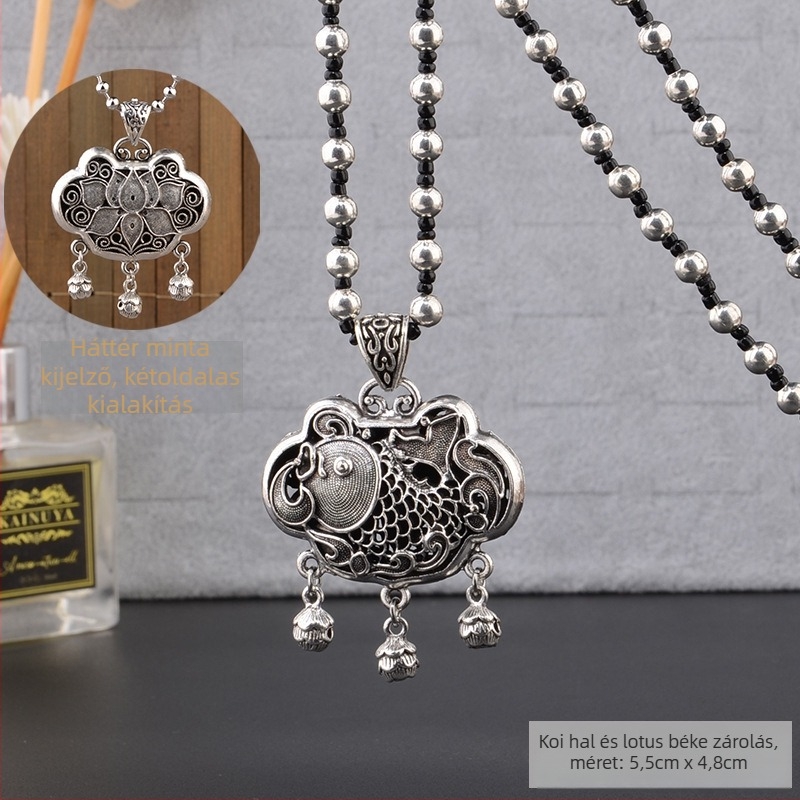 Ötvözetből készült pulóverlánc, hosszú nyaklánc bojtmedállal, retro etno stílus