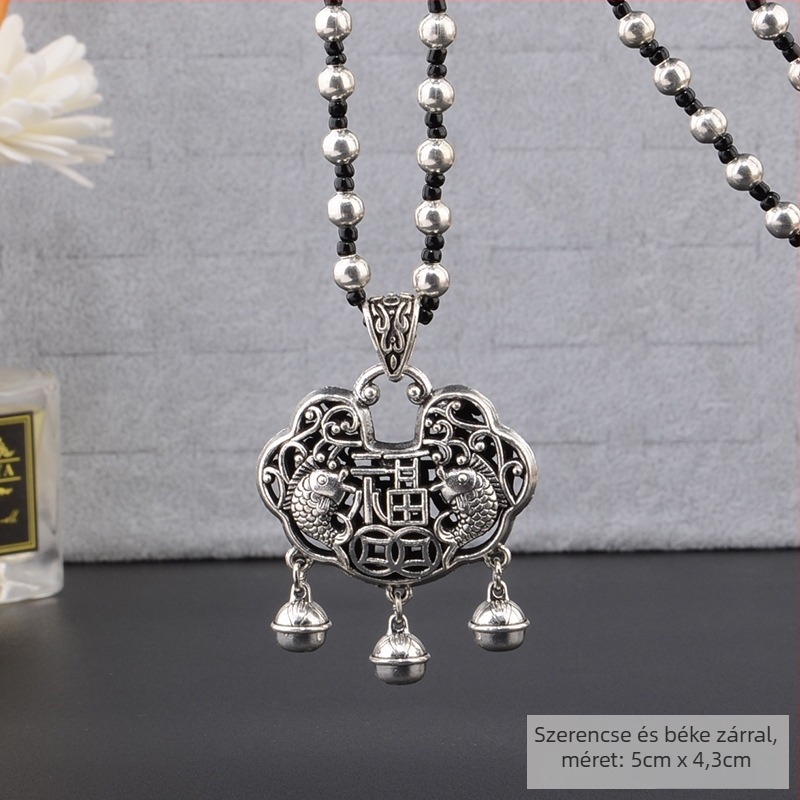 Ötvözetből készült pulóverlánc, hosszú nyaklánc bojtmedállal, retro etno stílus