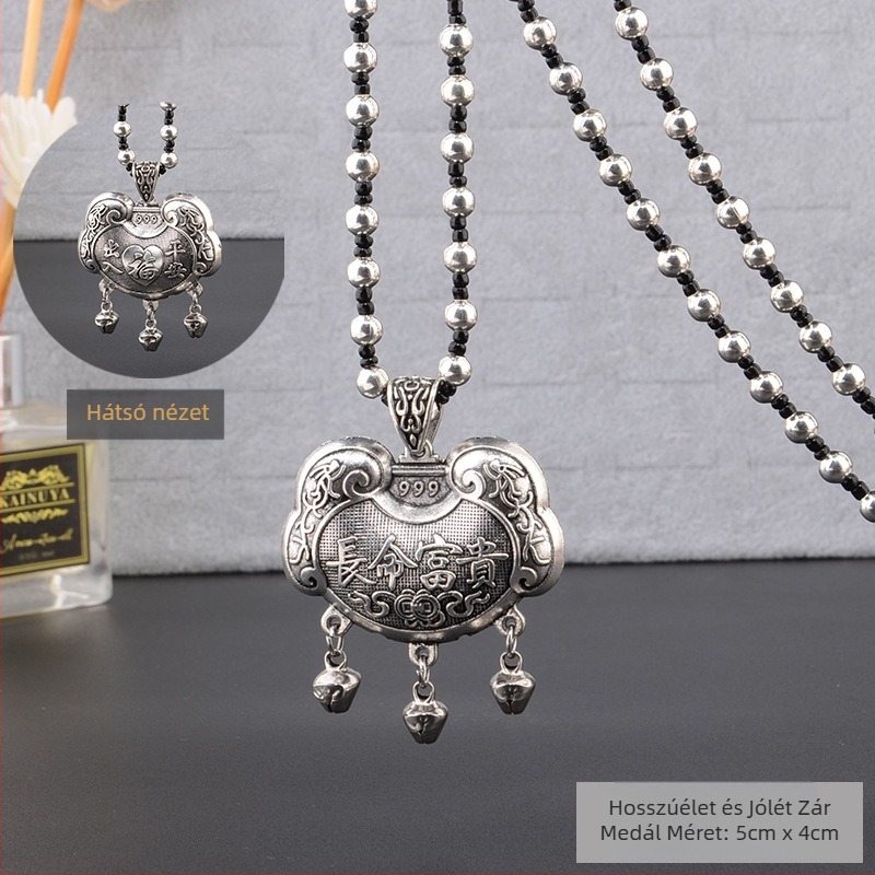 Ötvözetből készült pulóverlánc, hosszú nyaklánc bojtmedállal, retro etno stílus