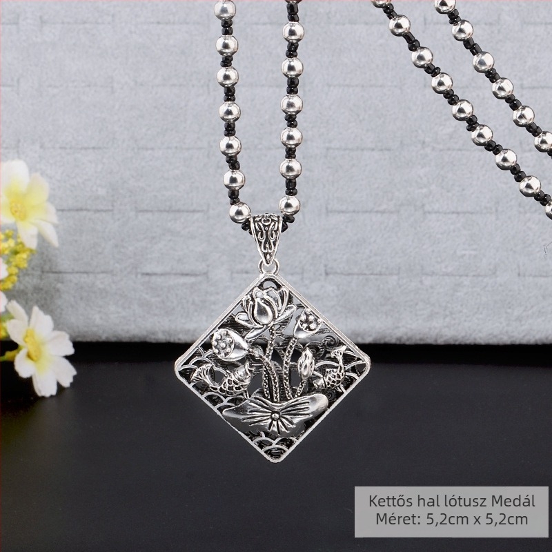 Ötvözetből készült pulóverlánc, hosszú nyaklánc bojtmedállal, retro etno stílus