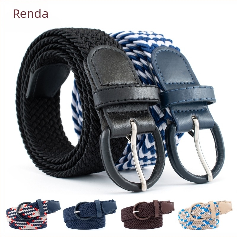 Uniszex szövött öv elasztikus kivitelben, PU imitált bőr csattal, tűcsattal, szélesség 2–4 cm