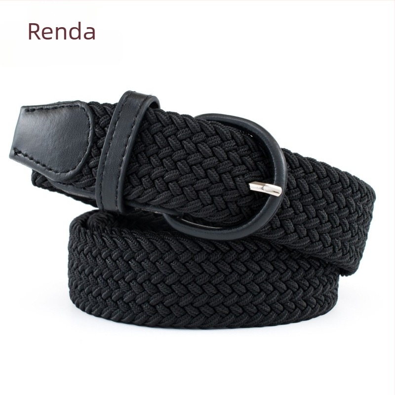Uniszex szövött öv elasztikus kivitelben, PU imitált bőr csattal, tűcsattal, szélesség 2–4 cm