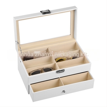 Szemüveg tároló doboz fedéllel - Többszintű kiállító doboz 6 és 8 rekesz konfigurációval, átlátszó tetőablakkal, belső: sűrűségű lemez + bőr + flanel