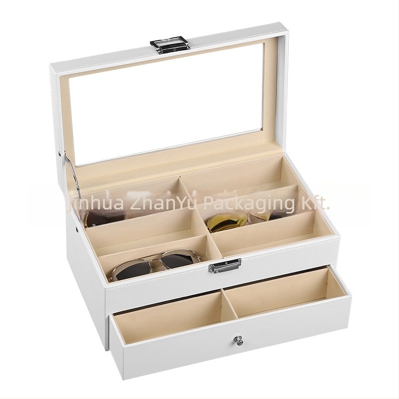 Szemüveg tároló doboz fedéllel - Többszintű kiállító doboz 6 és 8 rekesz konfigurációval, átlátszó tetőablakkal, belső: sűrűségű lemez + bőr + flanel