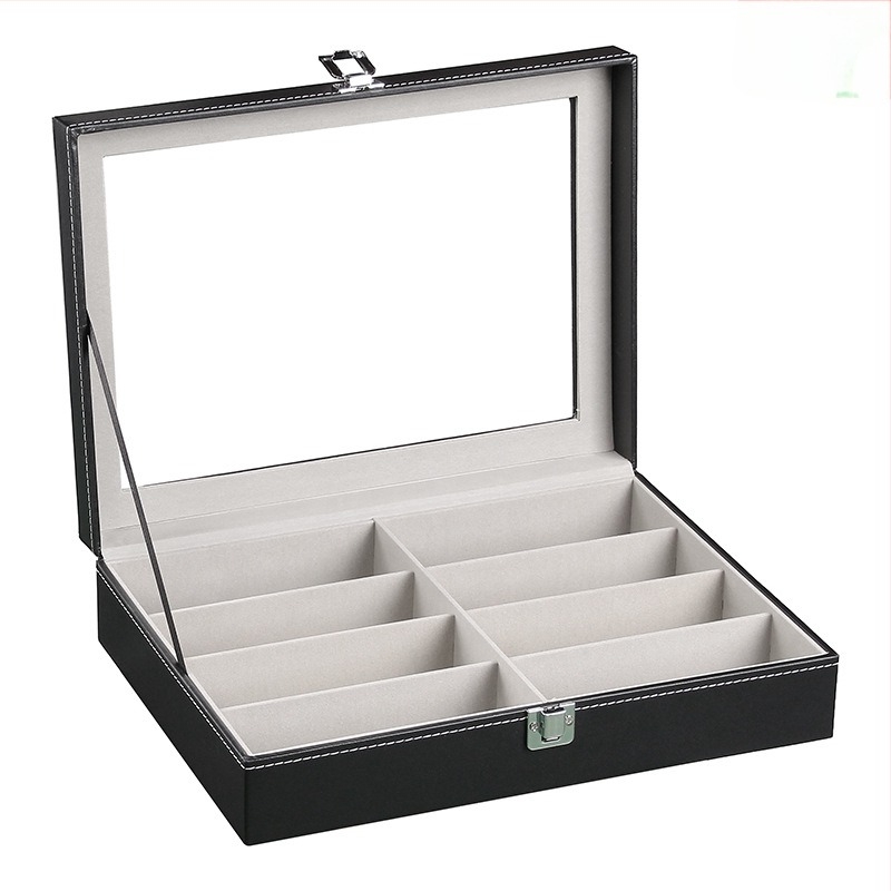 Szemüveg tároló doboz fedéllel - Többszintű kiállító doboz 6 és 8 rekesz konfigurációval, átlátszó tetőablakkal, belső: sűrűségű lemez + bőr + flanel