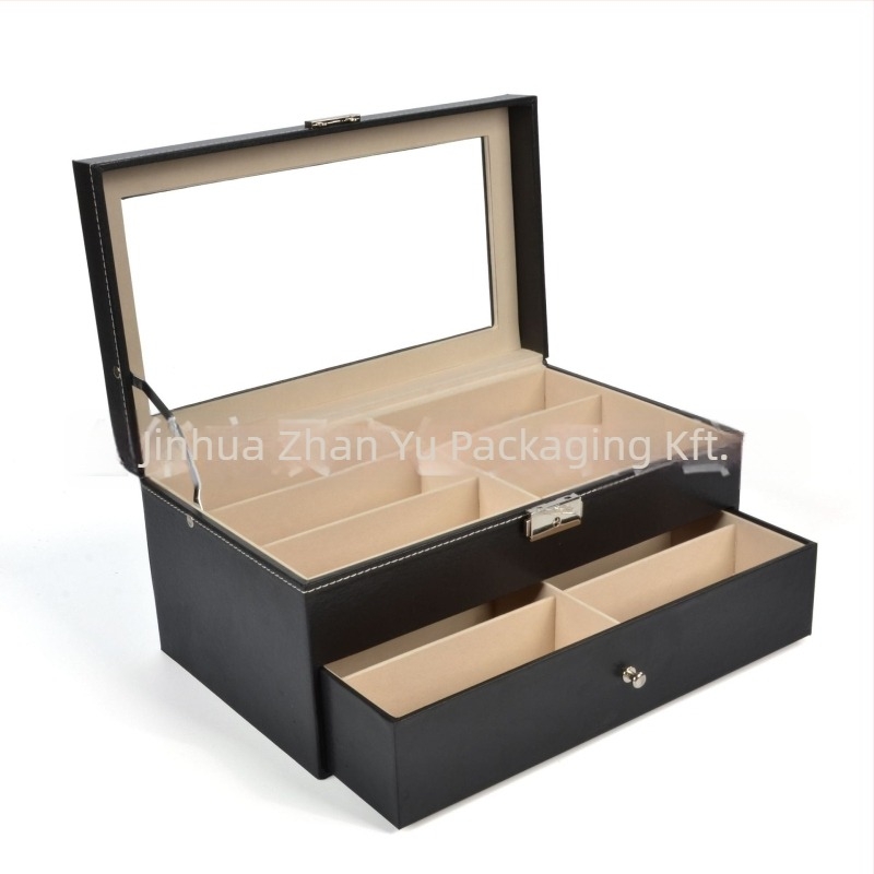 Szemüveg tároló doboz fedéllel - Többszintű kiállító doboz 6 és 8 rekesz konfigurációval, átlátszó tetőablakkal, belső: sűrűségű lemez + bőr + flanel