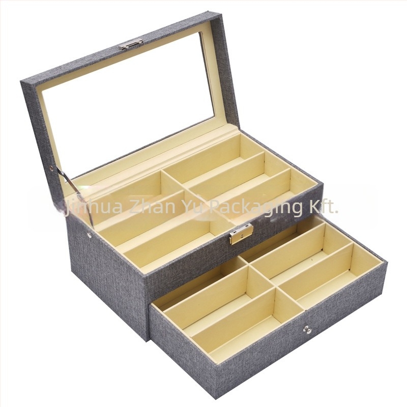 Szemüveg tároló doboz fedéllel - Többszintű kiállító doboz 6 és 8 rekesz konfigurációval, átlátszó tetőablakkal, belső: sűrűségű lemez + bőr + flanel