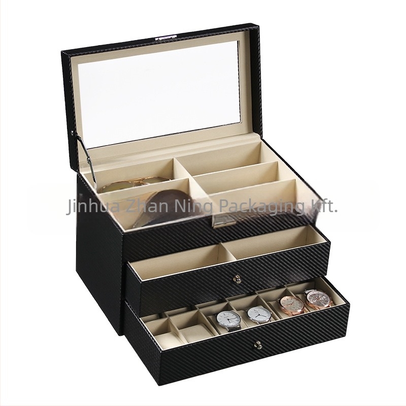 Szemüveg tároló doboz fedéllel - Többszintű kiállító doboz 6 és 8 rekesz konfigurációval, átlátszó tetőablakkal, belső: sűrűségű lemez + bőr + flanel