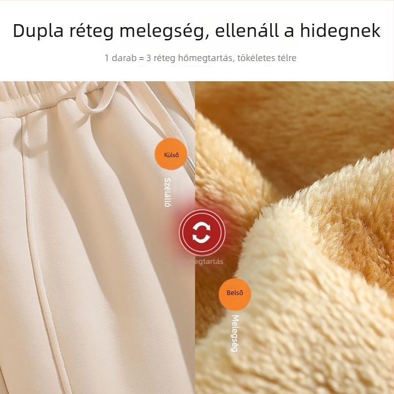Női fleeces belsővel bélelt melegítőnadrág, lazán szabott harém fazonban, őszi–téli 2026, vizuálisan karcsúbb sziluett