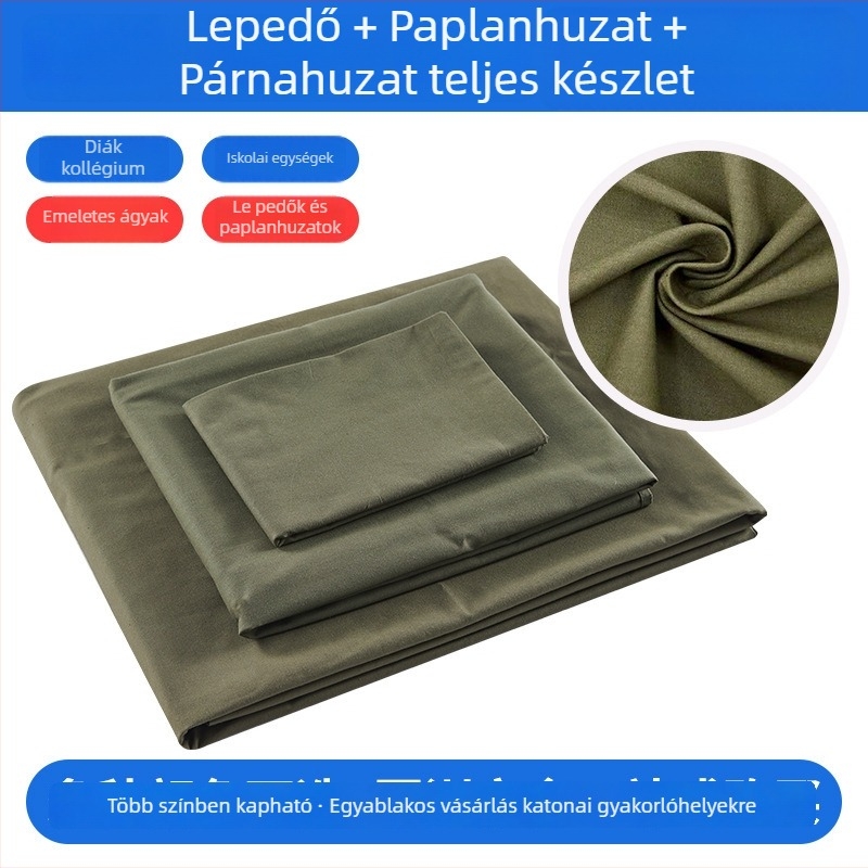 Háromrészes ágyneműszett diákszobába, katonai zöld színben — paplanhuzat, lepedő és párnahuzatok
