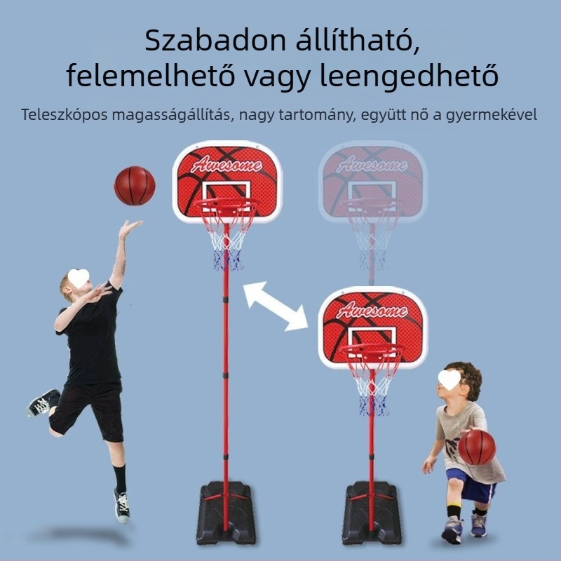 Gyerekeknek szóló állítható kosárállvány bel- és kültéri használatra, vasvázas kosárral