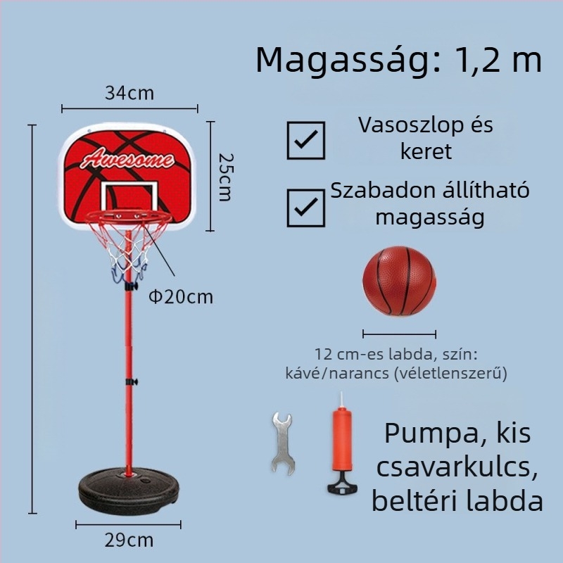 Gyerekeknek szóló állítható kosárállvány bel- és kültéri használatra, vasvázas kosárral
