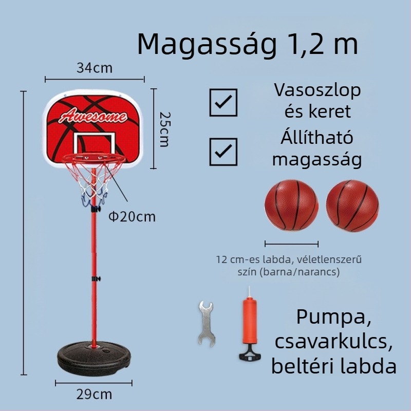 Gyerekeknek szóló állítható kosárállvány bel- és kültéri használatra, vasvázas kosárral