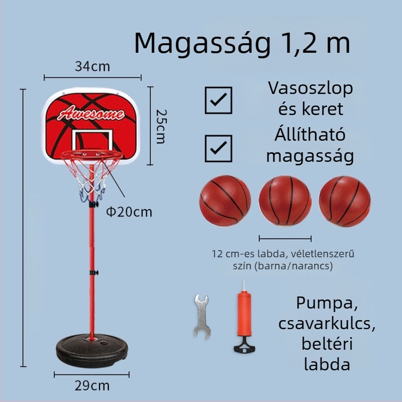 Gyerekeknek szóló állítható kosárállvány bel- és kültéri használatra, vasvázas kosárral