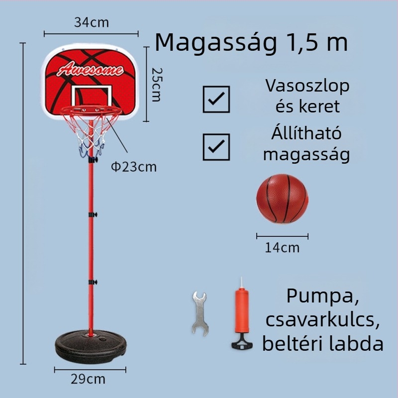 Gyerekeknek szóló állítható kosárállvány bel- és kültéri használatra, vasvázas kosárral