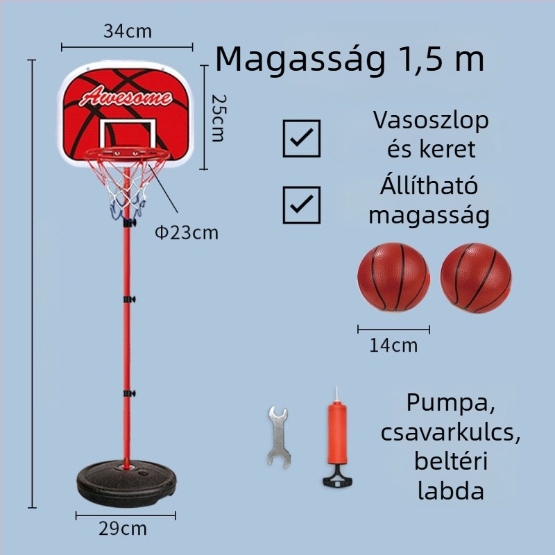 Gyerekeknek szóló állítható kosárállvány bel- és kültéri használatra, vasvázas kosárral