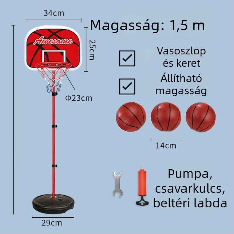 Gyerekeknek szóló állítható kosárállvány bel- és kültéri használatra, vasvázas kosárral